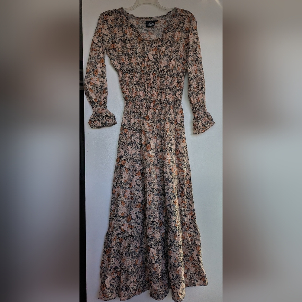 The Pirate Dressing Smocked Waist Long Sleeve Floral Maxi Dress in Black 🏴‍☠️